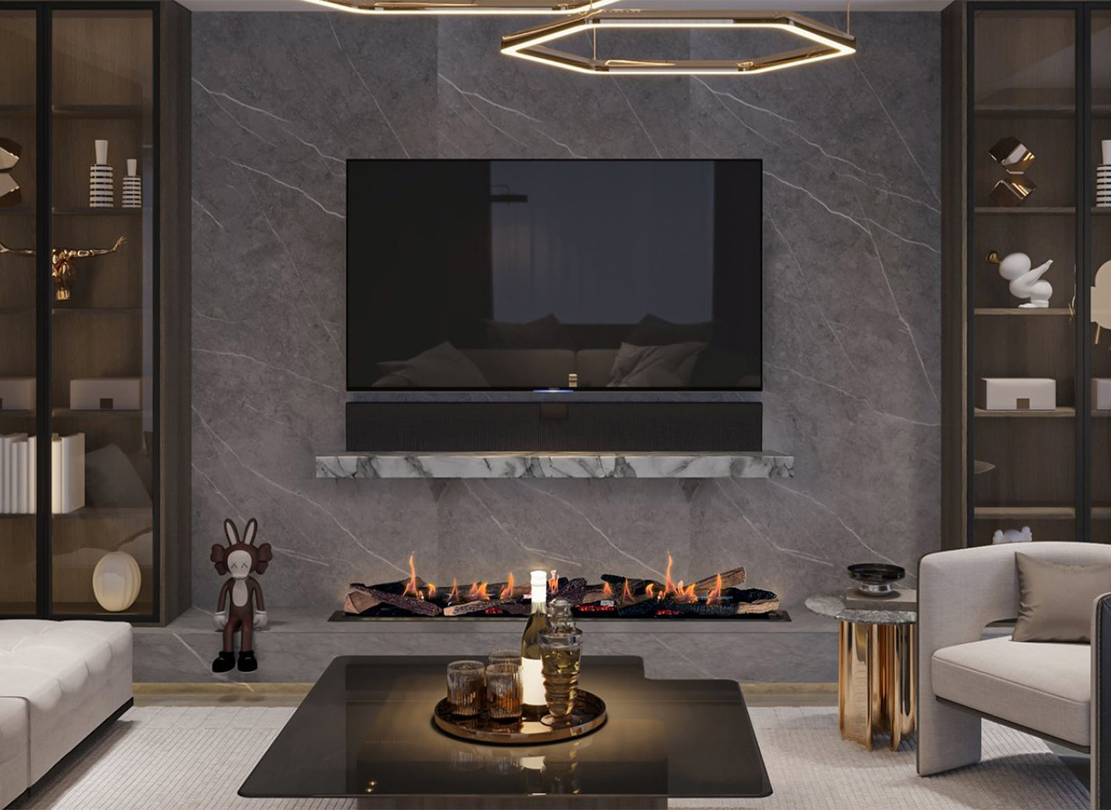 Element4 BIO 140I haard in moderne woonkamer met marmeren wand