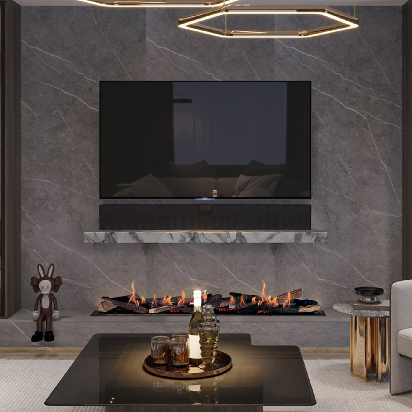 Element4 BIO 140I in moderne woonkamer met ingebouwde haard onder tv