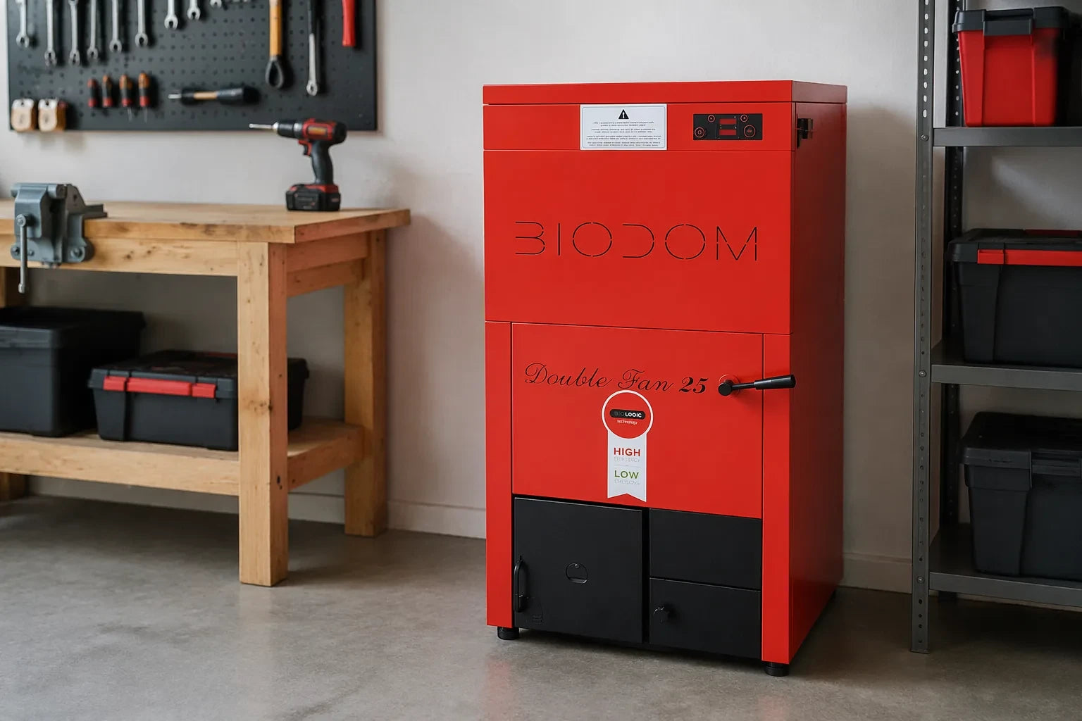 Biodom 21 LX rode pelletkachel in werkplaats