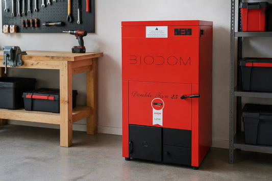 Biodom 21 LX rode pelletkachel in werkplaats