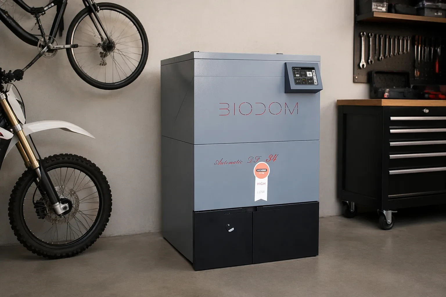 Biodom 27A pelletkachel in werkplaats, naast fiets en gereedschap