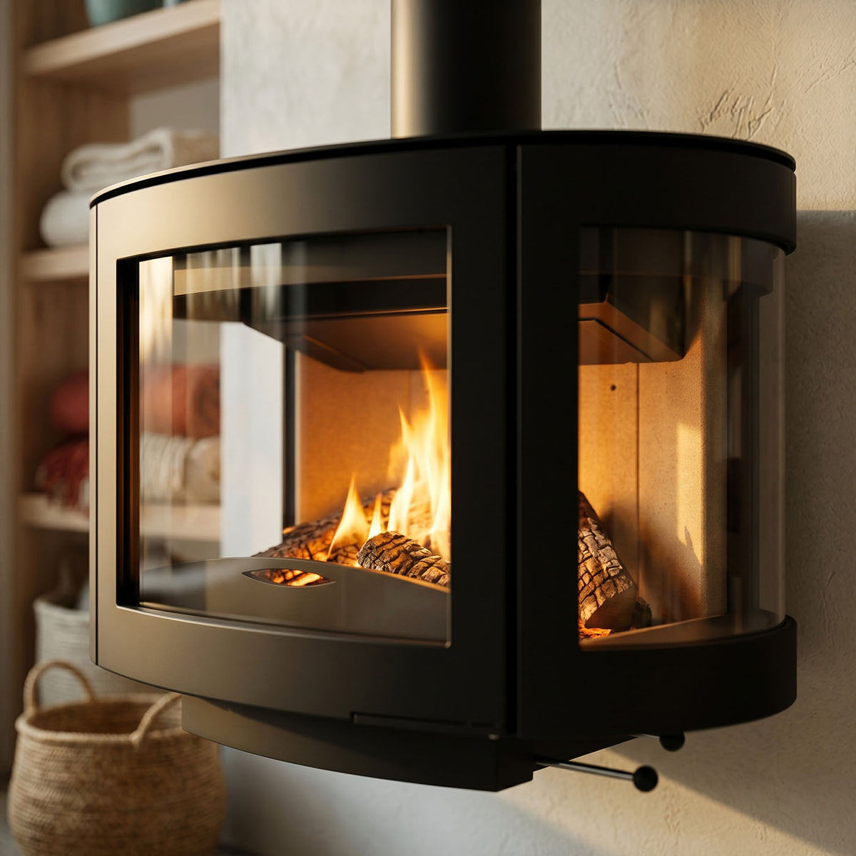 Wanders Black Pearl houtkachel in een interieur met brandend vuur en zichtbare houtblokken.