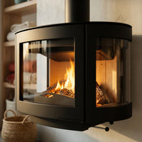 Wanders Black Pearl houtkachel in een interieur met brandend vuur en zichtbare houtblokken.