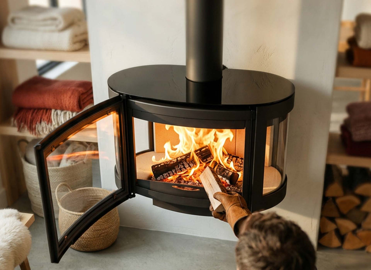 Wanders Black Pearl houtkachel met brandend vuur en geopende deur in een sfeervolle woonkamer