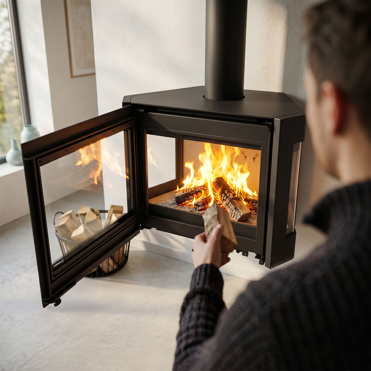 Wanders Black Sapphire houtkachel met open deur, vuur en persoon die hout toevoegt in woonkamer.