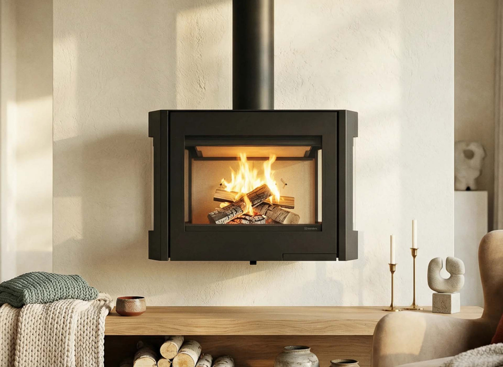 Wanders Black Sapphire houtkachel aan de muur in een lichte woonkamer