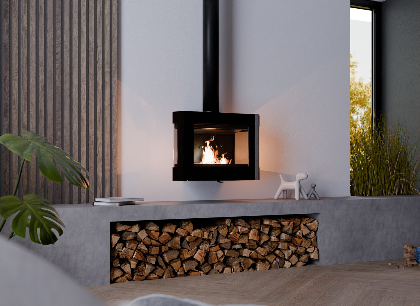 Wanders Black Sapphire hangende houtkachel in moderne woonkamer