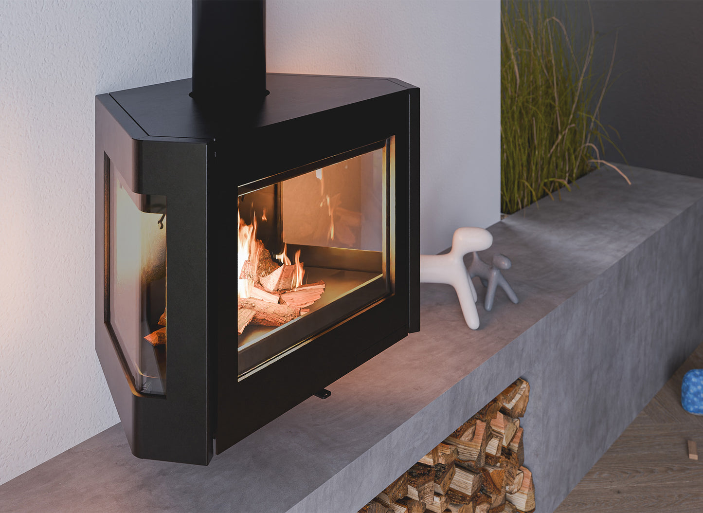 Wanders Black Sapphire haard in moderne woonkamer met brandend vuur