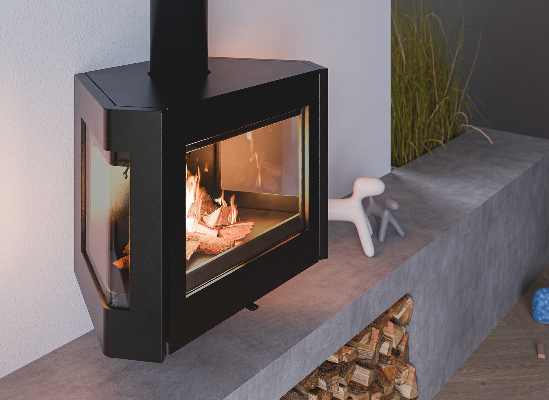 Wanders Black Sapphire haard in moderne woonkamer met brandend vuur
