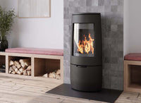 Dovre BOLD 400 houtkachel met brandend vuur in een modern interieur