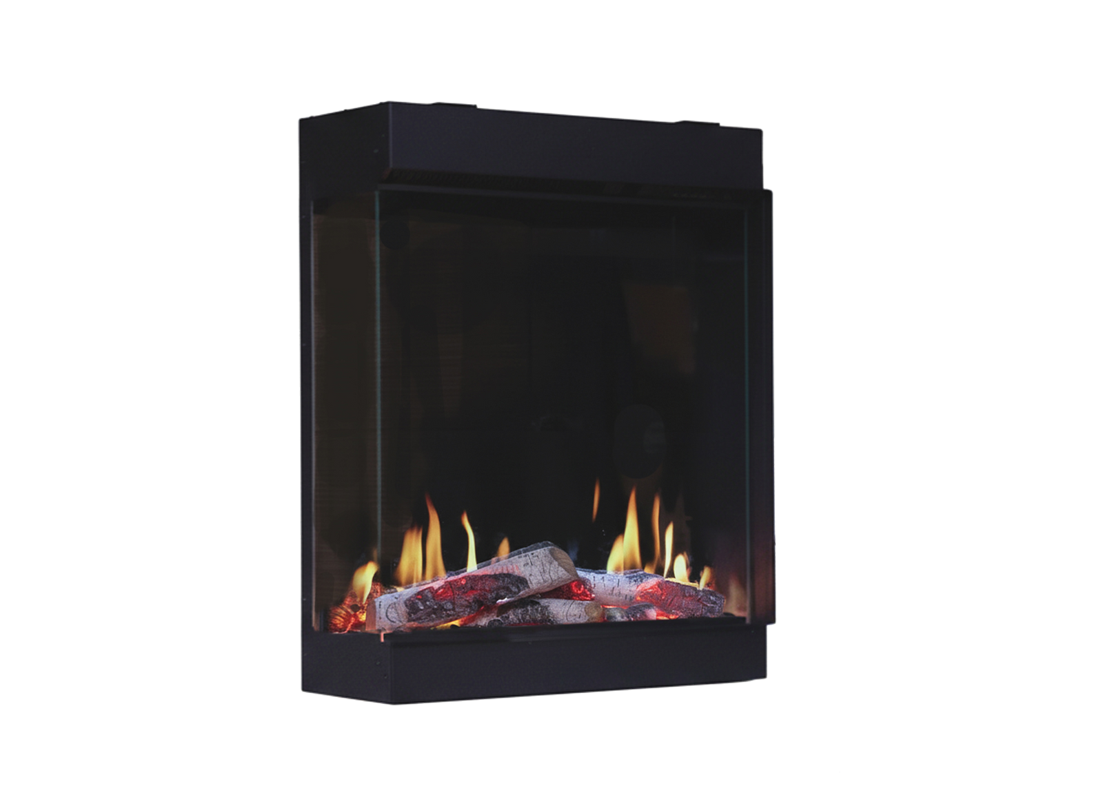 Charlton & Jenrick Luminosa 62 haard met vlammen en houtblokken op witte achtergrond