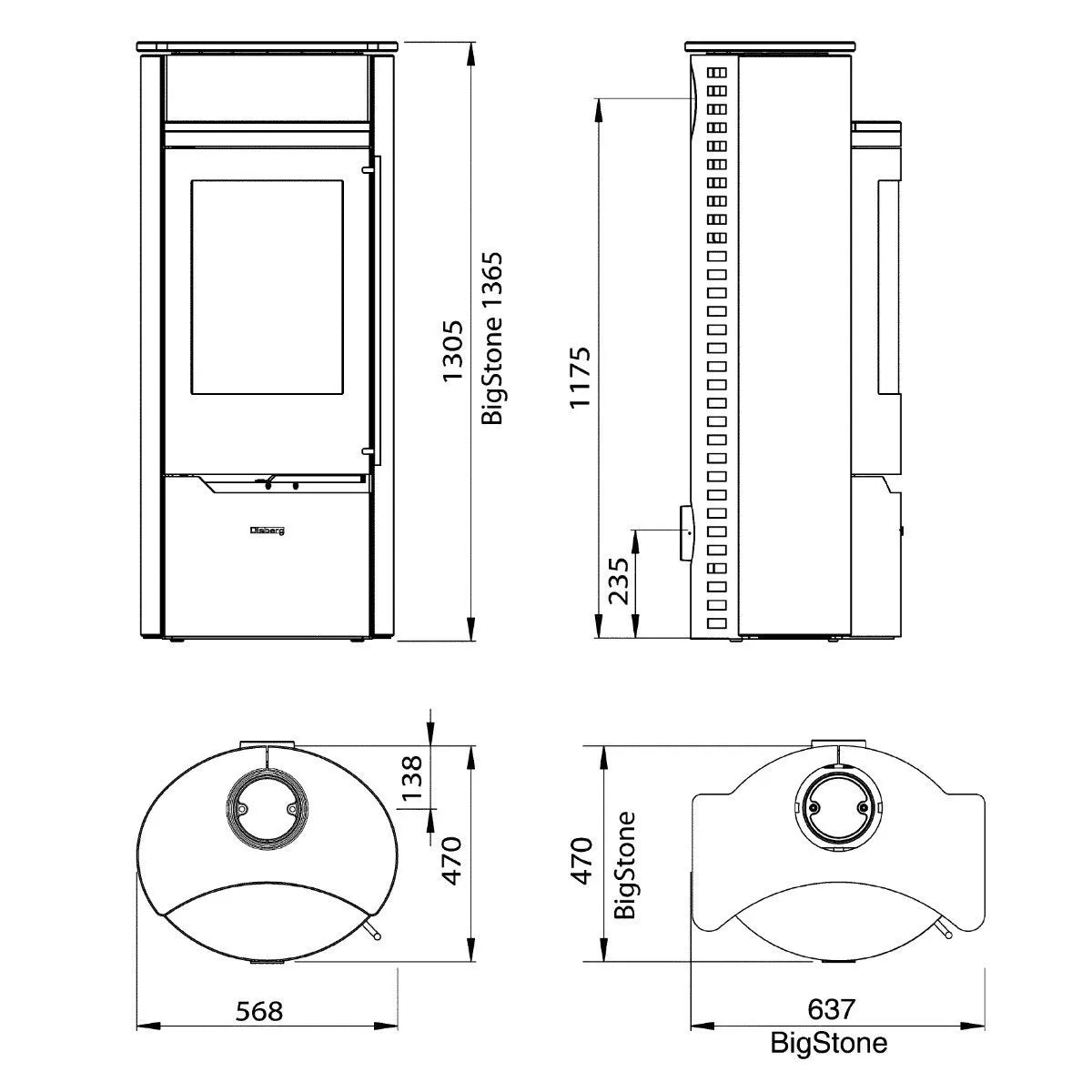 Technische tekening van Olsberg Caldera II Compact met afmetingen en zijaanzichten.