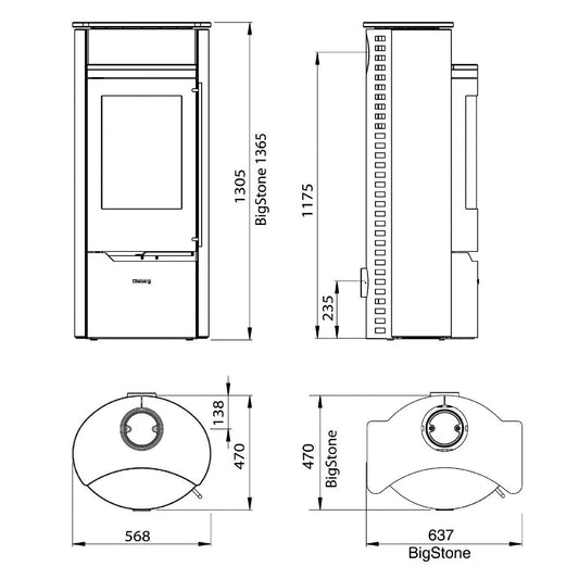 Technische tekening van Olsberg Caldera II Compact met afmetingen en zijaanzichten.