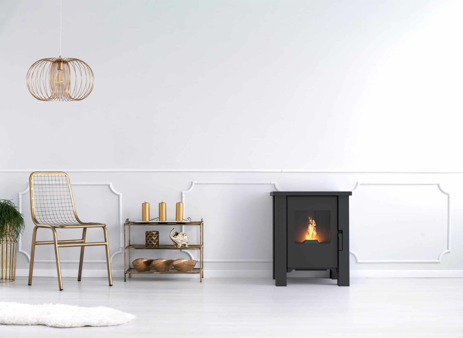 Duroflame Carré T3.2 pelletkachel in moderne woonkamer met brandend vuur