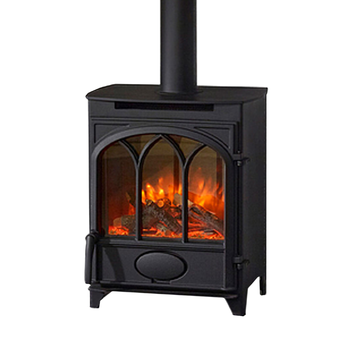 Charlton & Jenrick Fireline Alcaston houtkachel met vlammen, op witte achtergrond