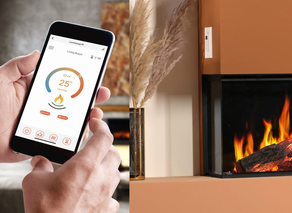 Charlton & Jenrick Luminosa 80-haard met brandend vuur en smartphonebediening in een ingericht interieur.