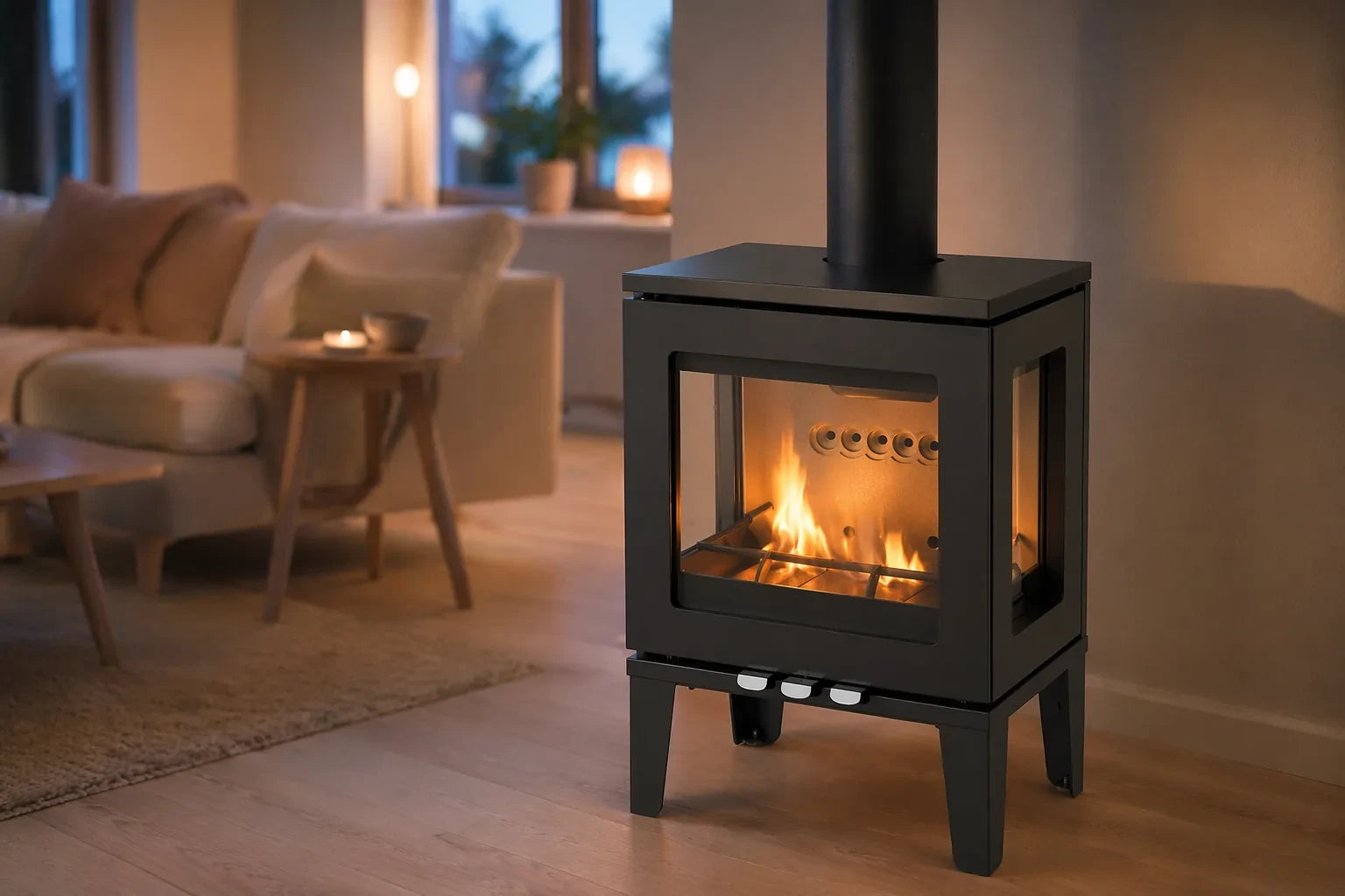 Charlton & Jenrick Purevision LPV5 houtkachel op pootjes in woonkamer