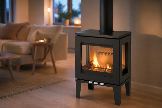 Charlton & Jenrick Purevision LPV5 houtkachel op pootjes in woonkamer