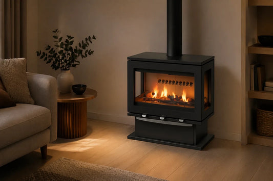 Charlton & Jenrick Purevision LPV8 houtkachel op voetstuk in woonkamer