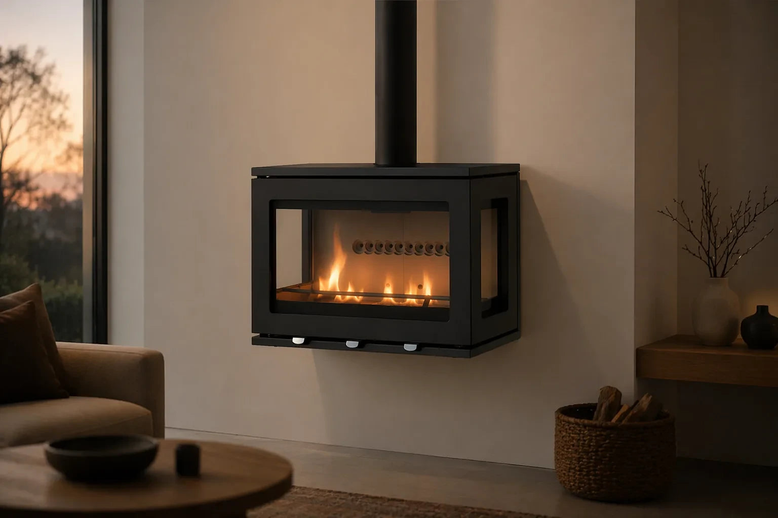 Charlton & Jenrick Purevision LPV8 Wall houtkachel in moderne woonkamer