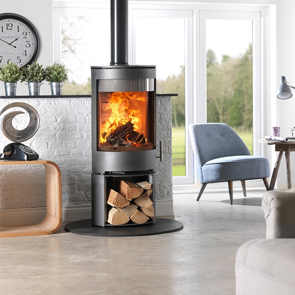 Charlton & Jenrick Purevision vrijstaand rond model laag open houtvak in een moderne woonkamer.