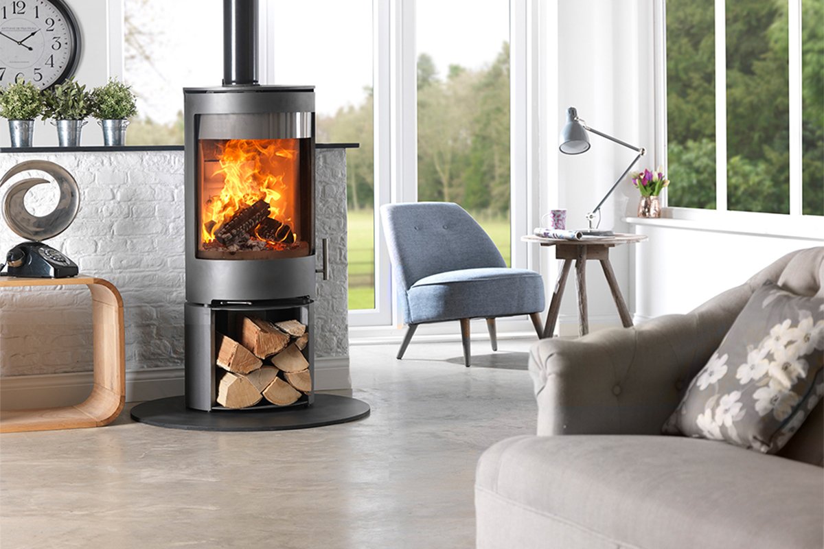 Charlton & Jenrick Purevision vrijstaand rond model laag open houtvak in een moderne woonkamer.
