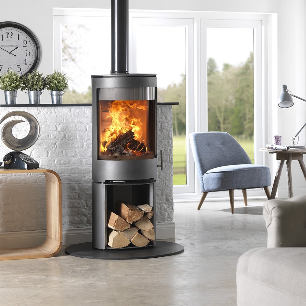 Charlton & Jenrick Purevision vrijstaand rond model hoog, met brandend vuur en open houtvak