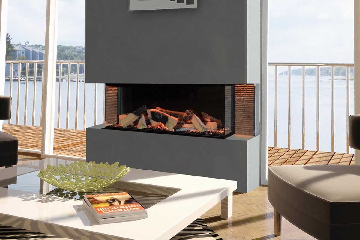 Element4 Club 100 E haard ingebouwd in moderne woonkamer met uitzicht op water