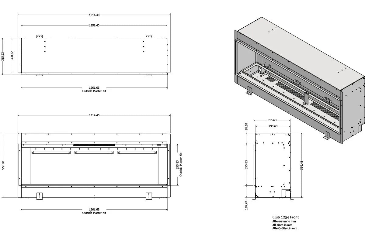 Technische tekening van de Element4 Club 125 E elektrische haard met afmetingen in millimeters.