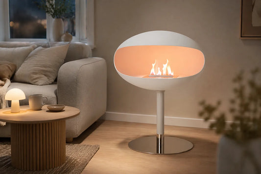 Cocoon Fires Pedestal Wit in moderne woonkamer met brandende vlammen
