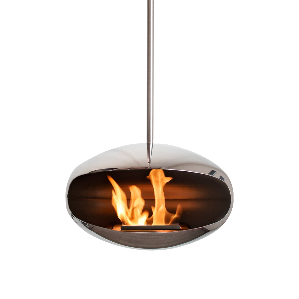 Cocoon Fires Aeris (RVS) hangende haard met vlammen op witte achtergrond