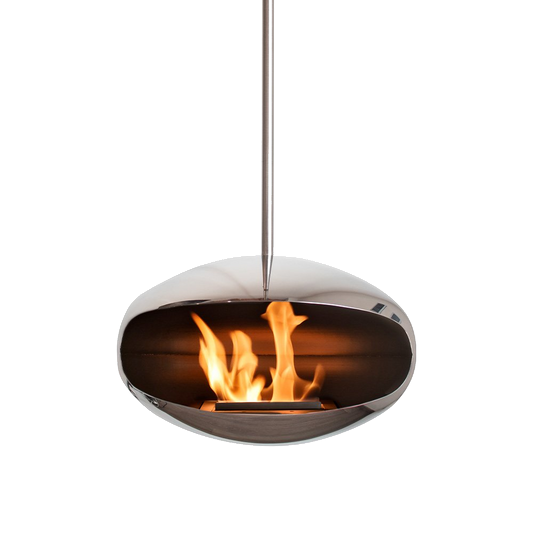 Cocoon Fires Aeris (RVS) hangende haard met vlammen op witte achtergrond