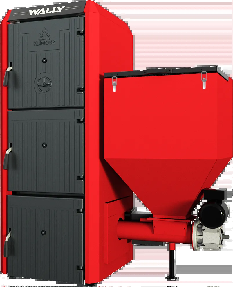 Klimosz Combi S3 rode ketel met zwarte deuren en trechterreservoir