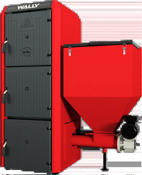 Klimosz Combi S3 rode ketel met zwarte deuren en trechterreservoir