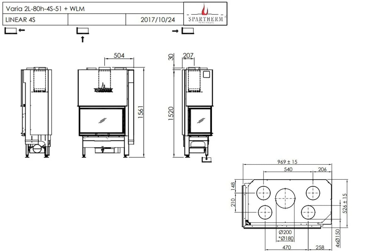 Technische tekening van Spartherm Linear Corner 80x40x50 (vaste greep) met afmetingen en aanzichten.