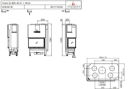 Technische tekening van Spartherm Linear Corner 80x40x50 (vaste greep) met afmetingen en aanzichten.