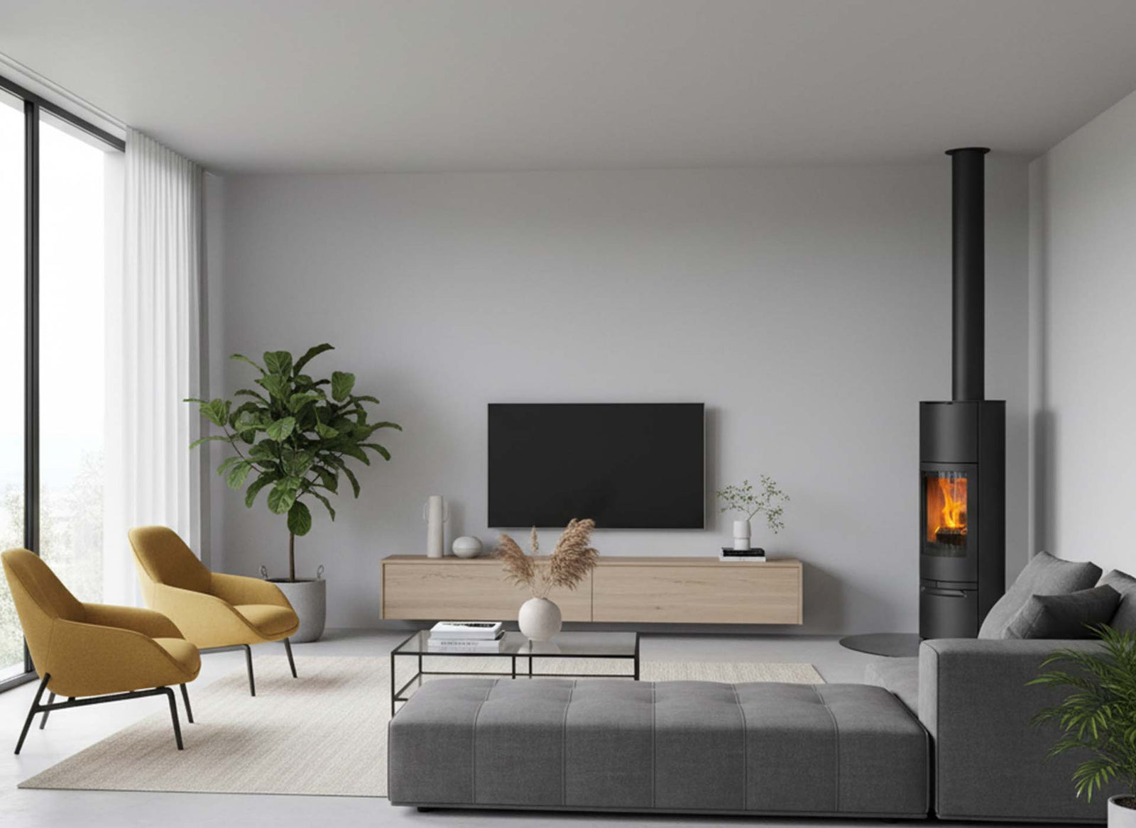 Jydepejsen Cosmo 1500 in moderne woonkamer met brandend vuur