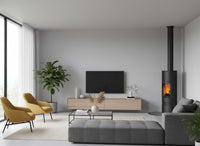 Jydepejsen Cosmo 1500 in moderne woonkamer met brandend vuur