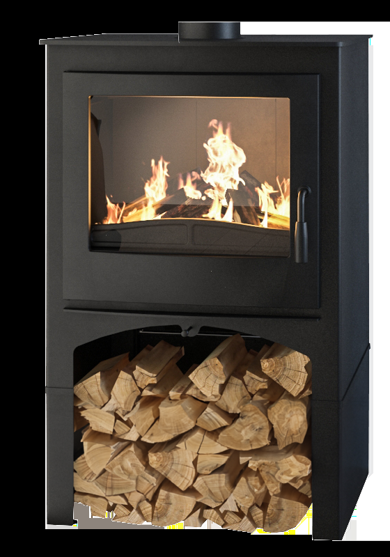 Nordic Fire Cottage houtkachel met brandend vuur en houtopslag