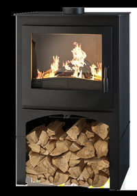 Nordic Fire Cottage houtkachel met brandend vuur en houtopslag