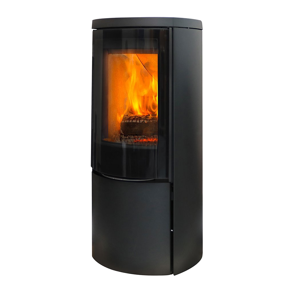 Jydepejsen Cozy Modern houtkachel met brandend vuur op witte achtergrond