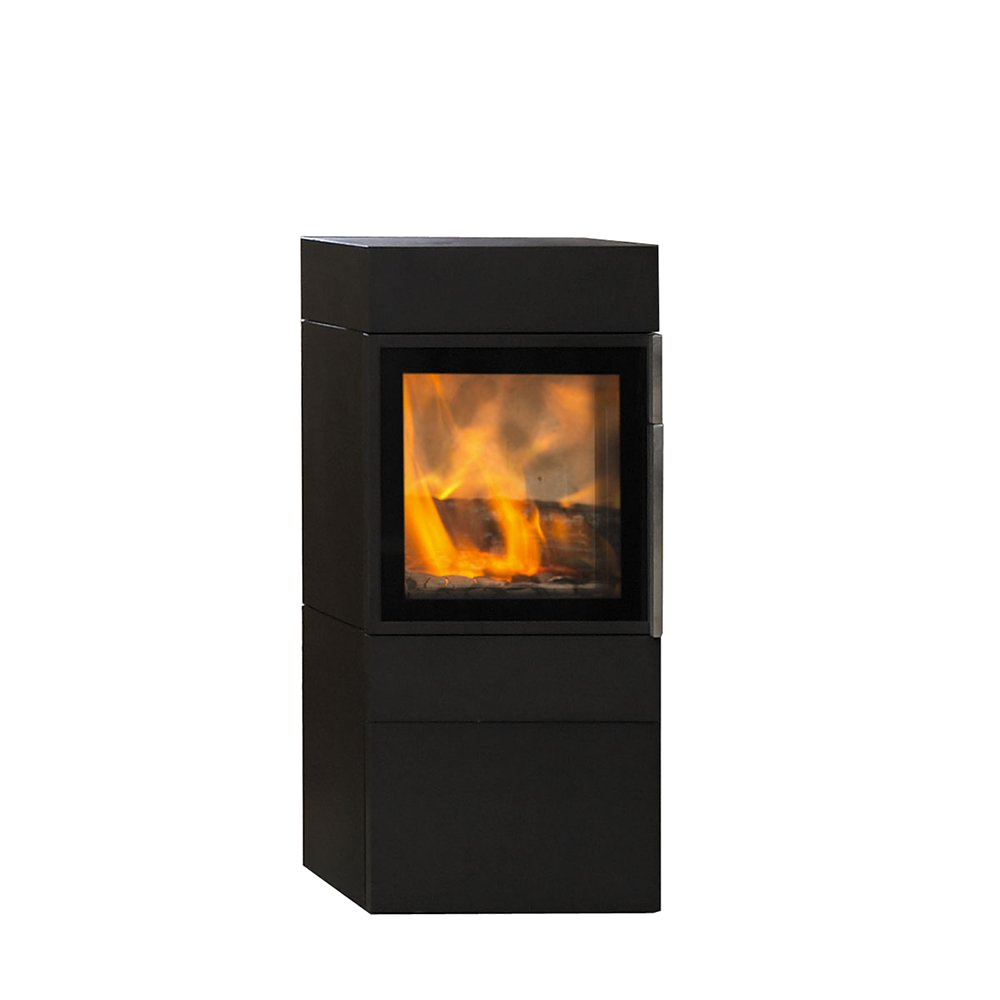 Jydepejsen Cubic 109 zwarte kachel met brandend vuur