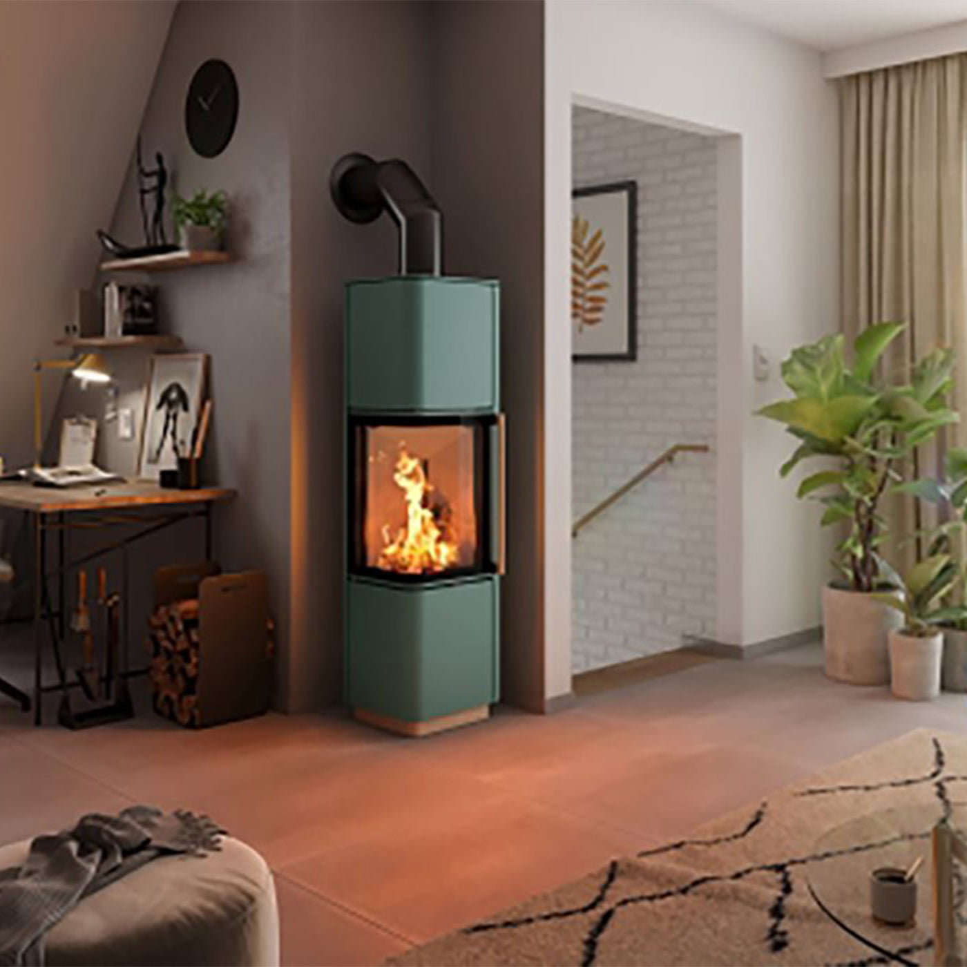 Spartherm Cubo L Style groene houtkachel in woonkamer met brandend vuur