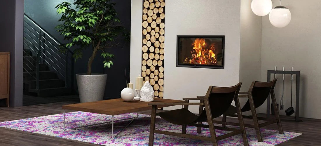 Nordic Fire Optimum in moderne woonkamer met ingebouwde haard en brandend vuur