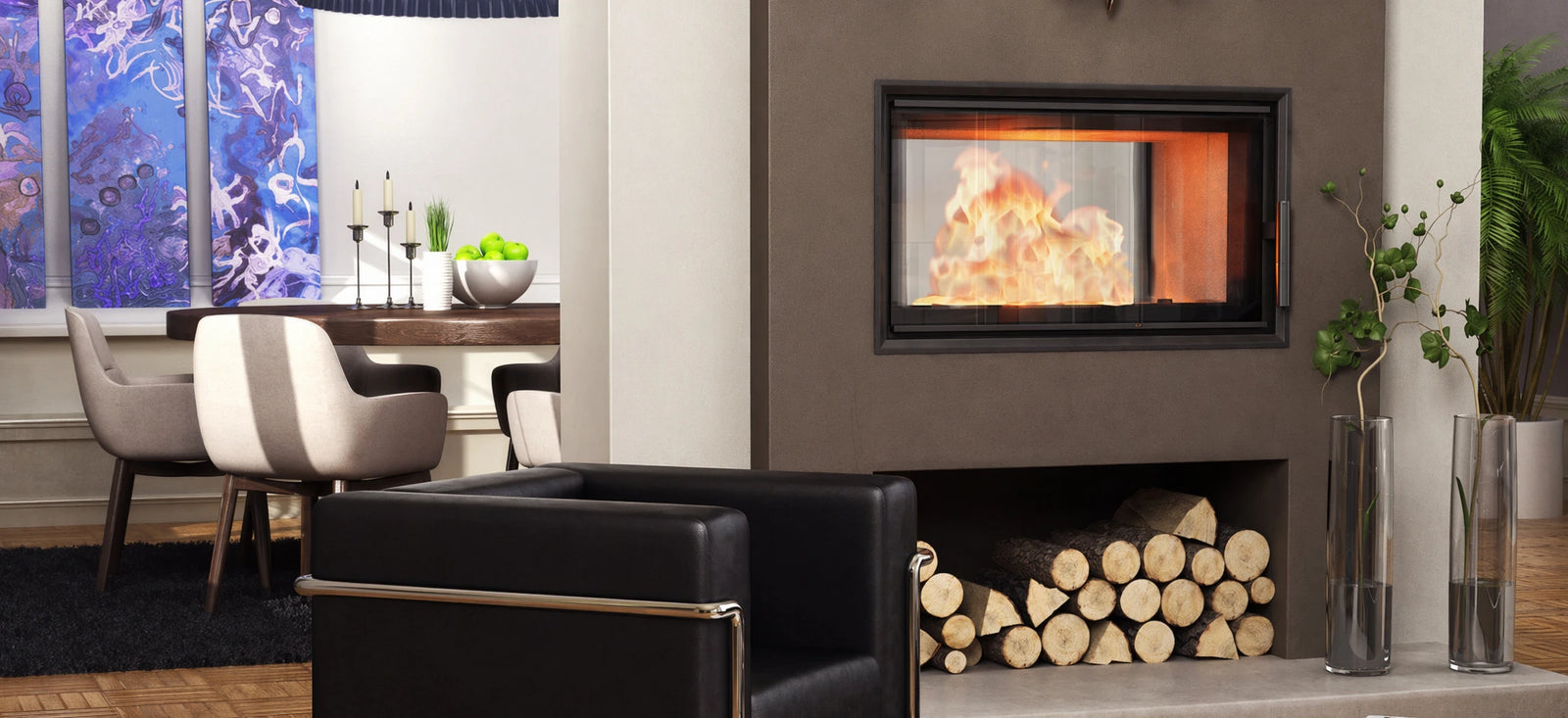 Nordic Fire Tunnel in woonkamer met brandend vuur en houtopslag