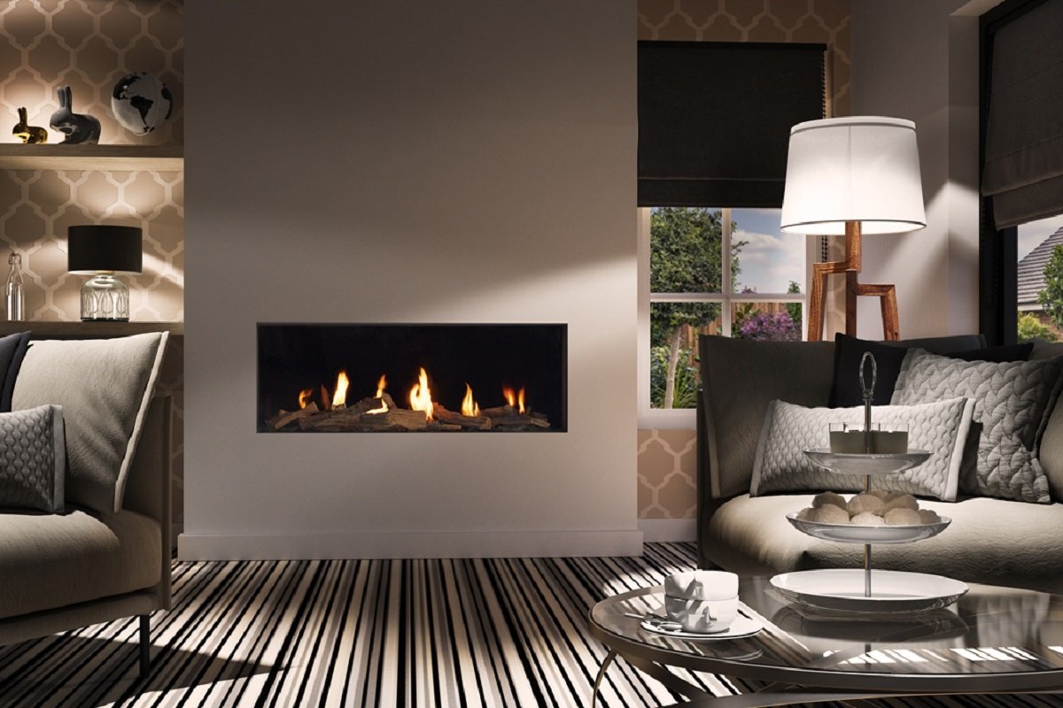DRU Global 120 BF ingebouwde haard in moderne woonkamer