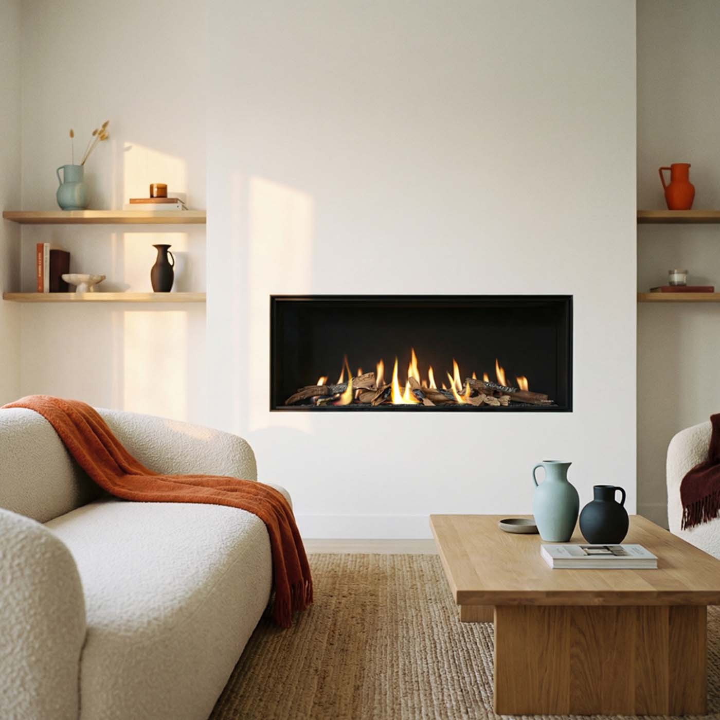 Wanders Danta 1100 front in moderne woonkamer met ingelaste haard en vlammen
