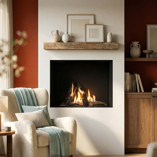 Wanders Danta 500 front haard in moderne woonkamer met brandend houtvuur