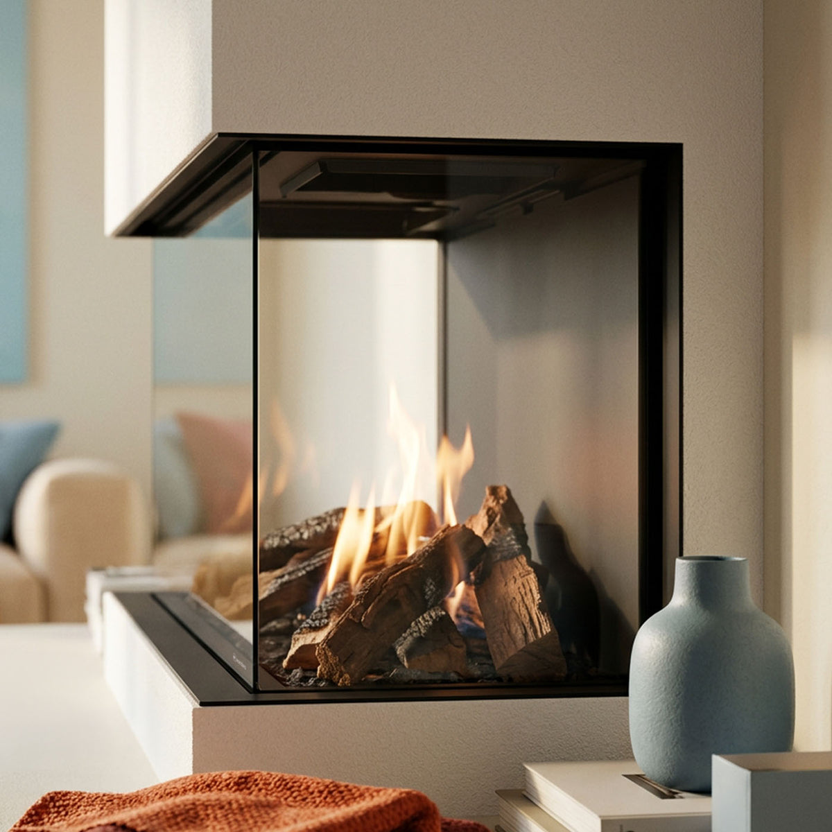 Wanders Danta 800 driezijdig met brandend hout in een modern interieur