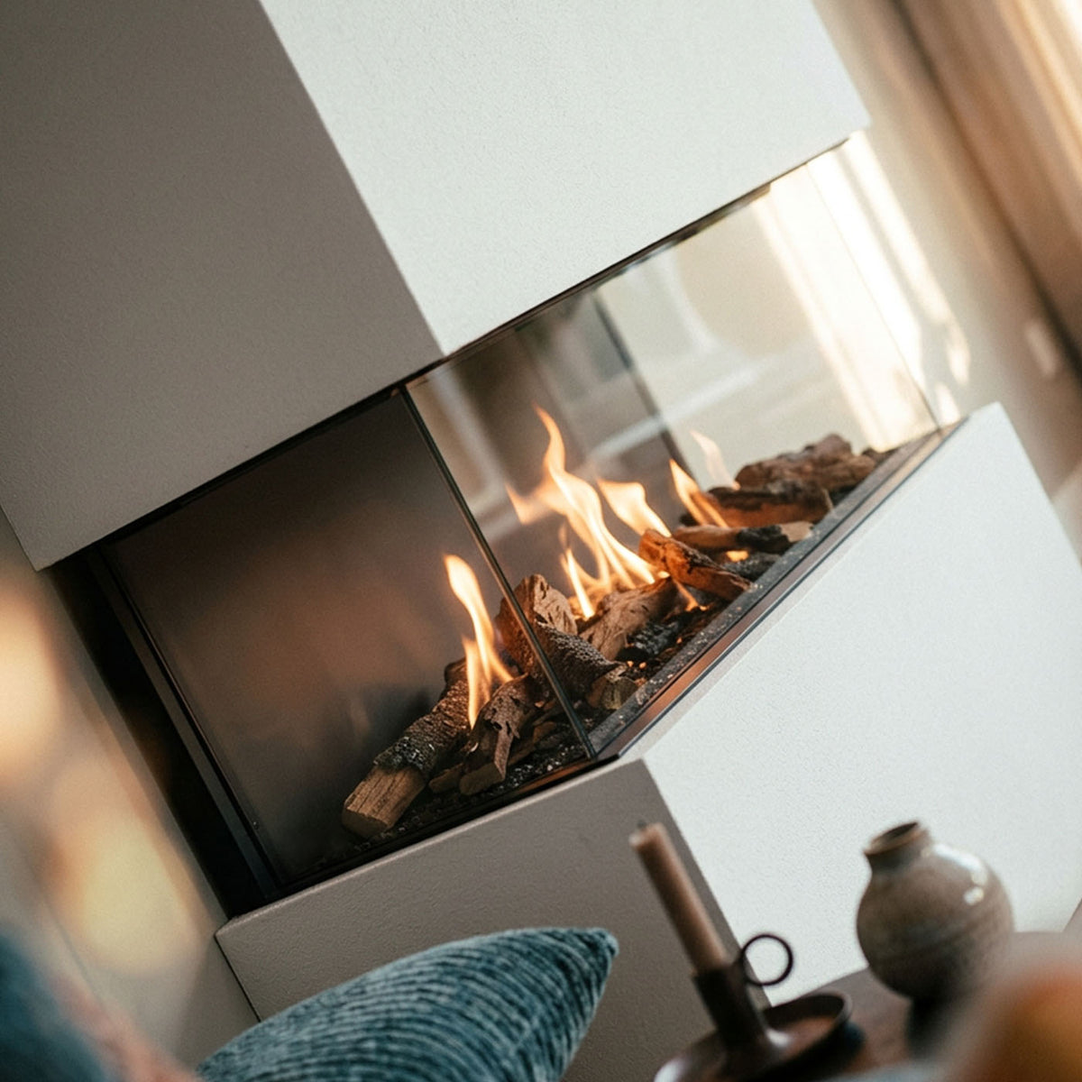 Wanders Danta 800 driezijdig met brandend houtvuur in een modern interieur
